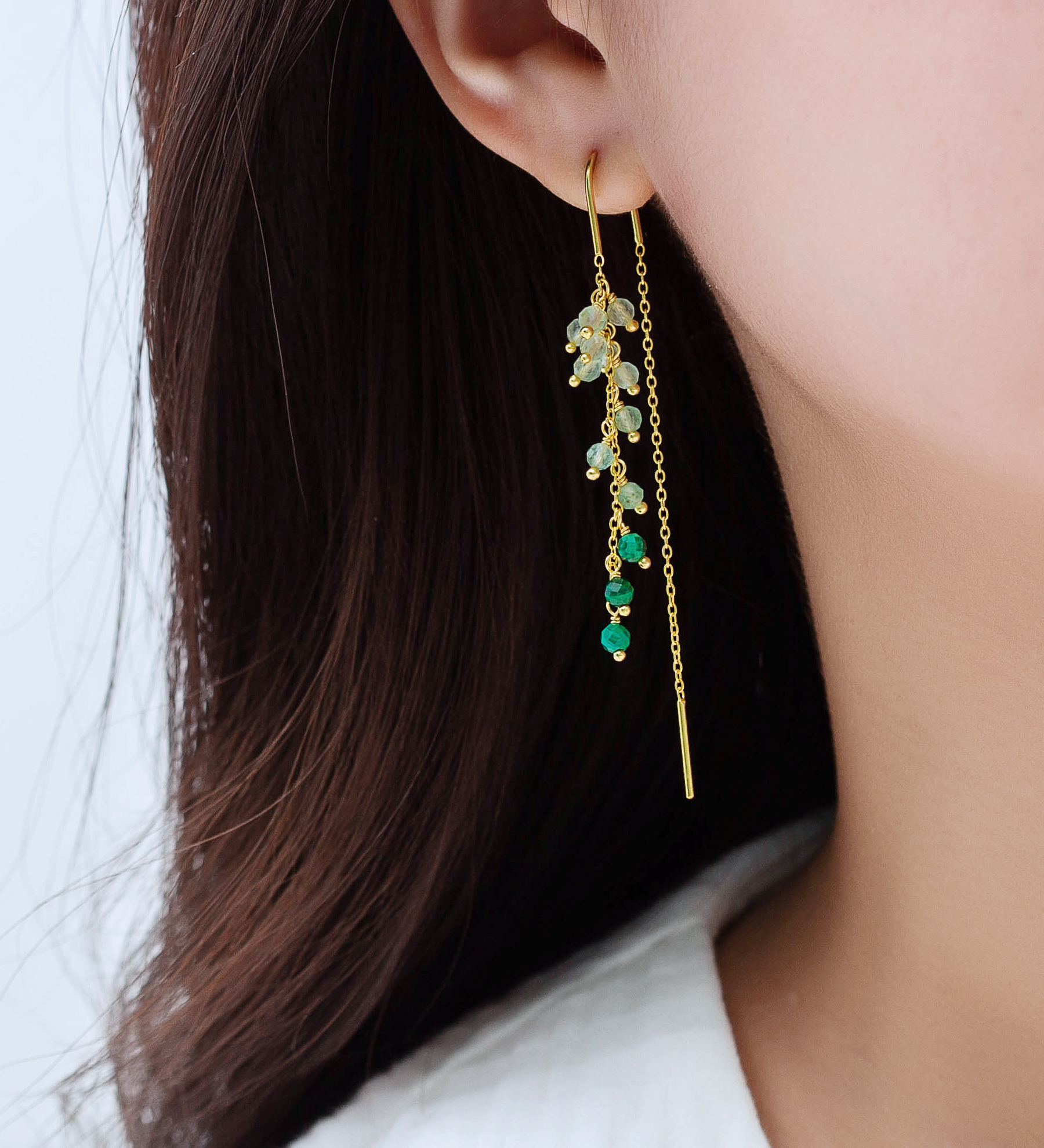 Desire by 7K - Wholesale 925 Sterling Silver Earrings, Beaded with Green Aventurine, Malachite, Prehnite, Plating with 0.3 Micron 18K Yellow Gold
 - SKU #2070-573C