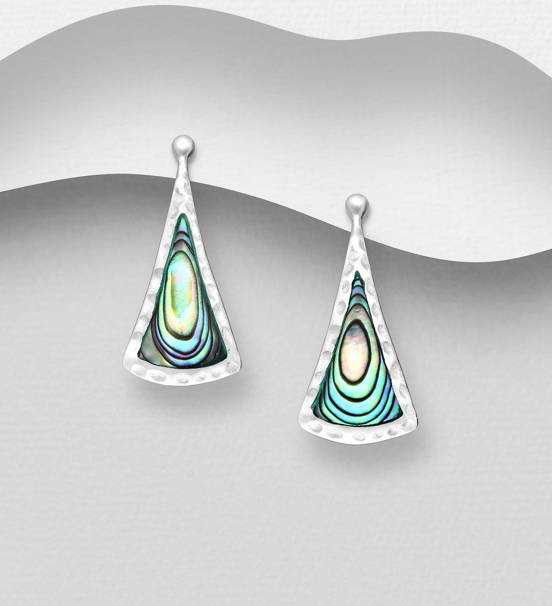 Wholesale 925 Sterling Silver Hammered Push-Back Earrings, Decorated with Shell - SKU #789-4797