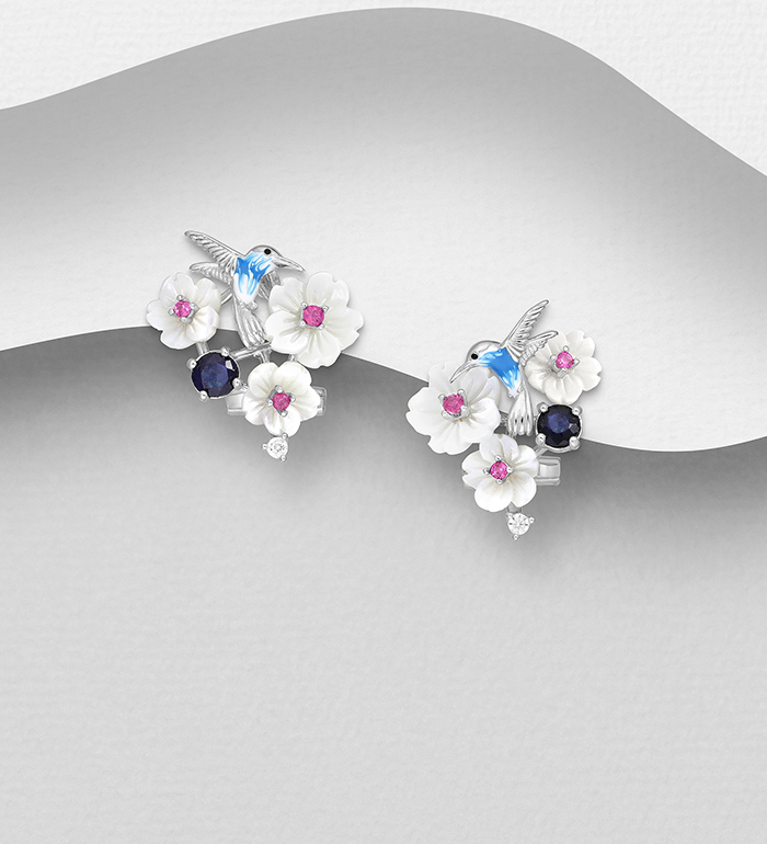 La Preciada - Wholesale 925 Sterling Silver Flower and Bird Omega Lock Earrings, Decorated with Shell, Blue Sapphire, CZ Simulated Diamonds and Colored Enamel - SKU #1181-5195