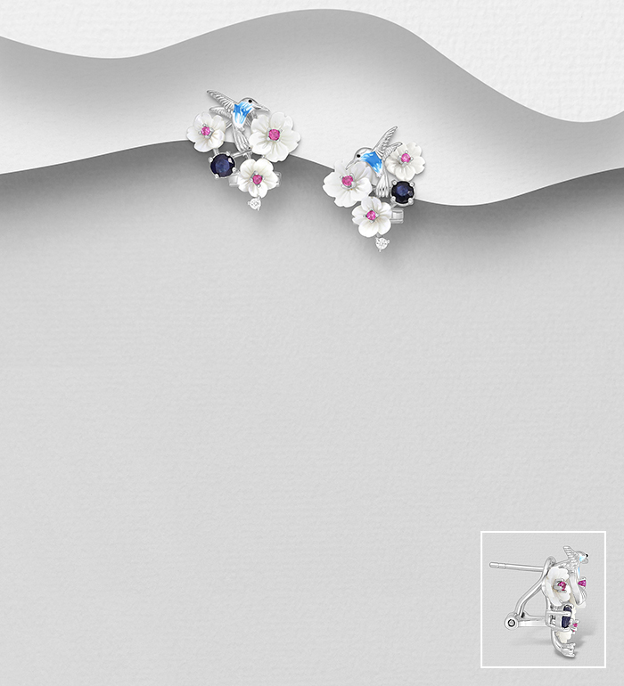 La Preciada - Wholesale 925 Sterling Silver Flower and Bird Omega Lock Earrings, Decorated with Shell, Blue Sapphire, CZ Simulated Diamonds and Colored Enamel - SKU #1181-5195