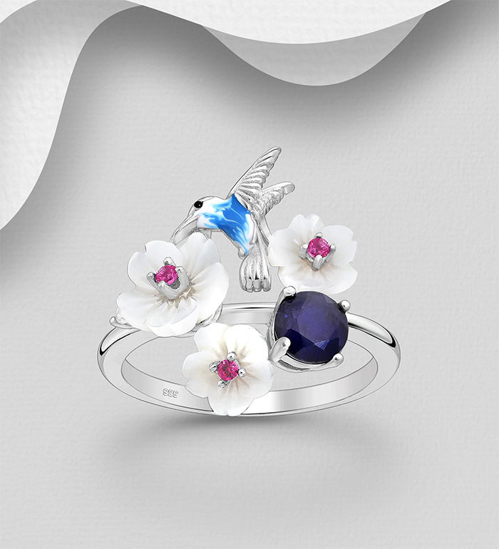 Wholesale 925 Sterling Silver Flower and Bird Ring, Decorated with Shell, Blue Sapphire, CZ Simulated Diamonds and Colored Enamel - SKU #1181-5196