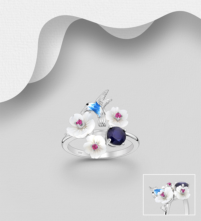Wholesale 925 Sterling Silver Flower and Bird Ring, Decorated with Shell, Blue Sapphire, CZ Simulated Diamonds and Colored Enamel - SKU #1181-5196