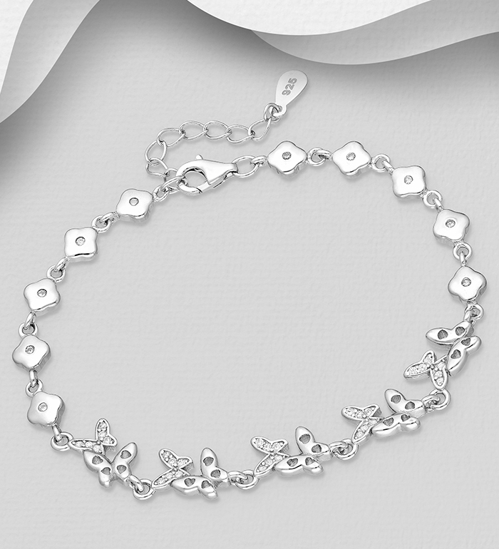 Wholesale 925 Sterling Silver Butterfly Bracelet, Decorated with CZ Simulated Diamonds - SKU #701-33119