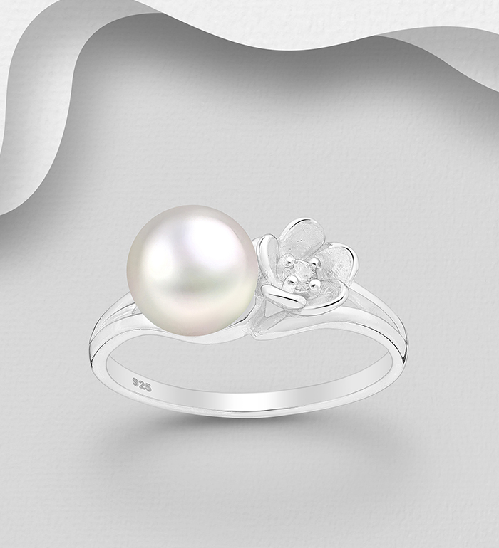 Wholesale 925 Sterling Silver Flower Ring, Decorated with Freshwater Pearl and CZ Simulated Diamond - SKU #382-6705