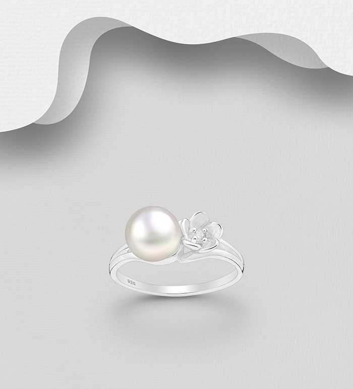 Wholesale 925 Sterling Silver Flower Ring, Decorated with Freshwater Pearl and CZ Simulated Diamond - SKU #382-6705
