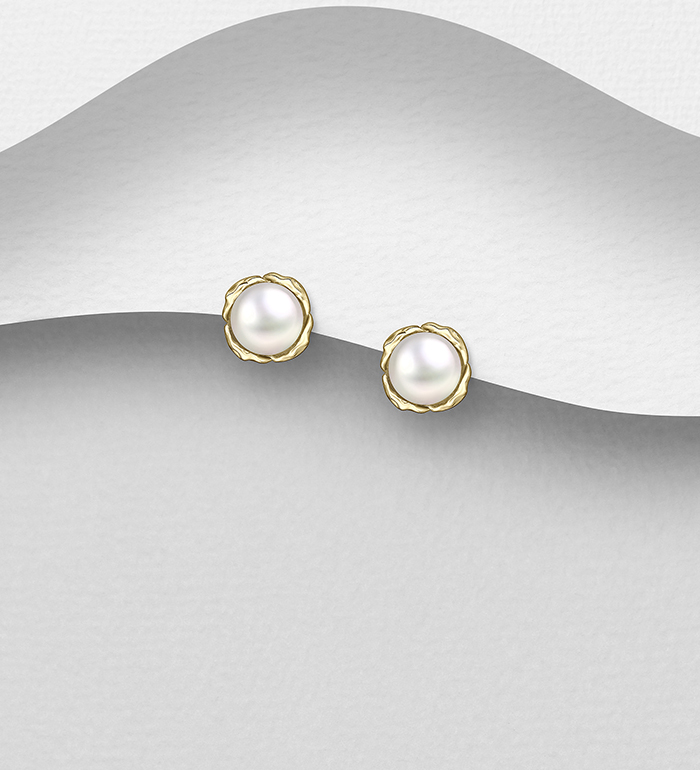 Wholesale 925 Sterling Silver Push-Back Earrings, Decorated with Freshwater Pearls and plated with 0.5 Micron 14K Yellow Gold - SKU #1063-4904G