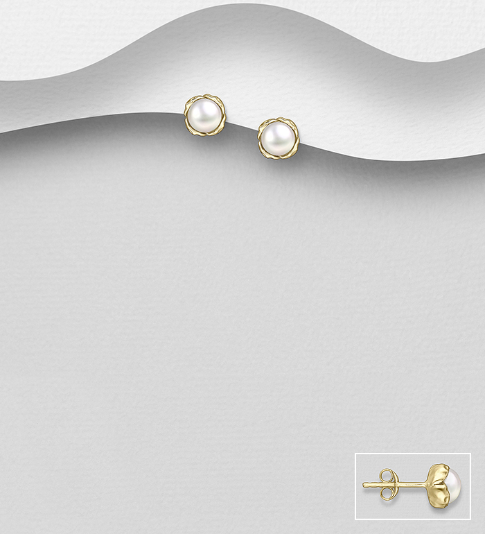 Wholesale 925 Sterling Silver Push-Back Earrings, Decorated with Freshwater Pearls and plated with 0.5 Micron 14K Yellow Gold - SKU #1063-4904G