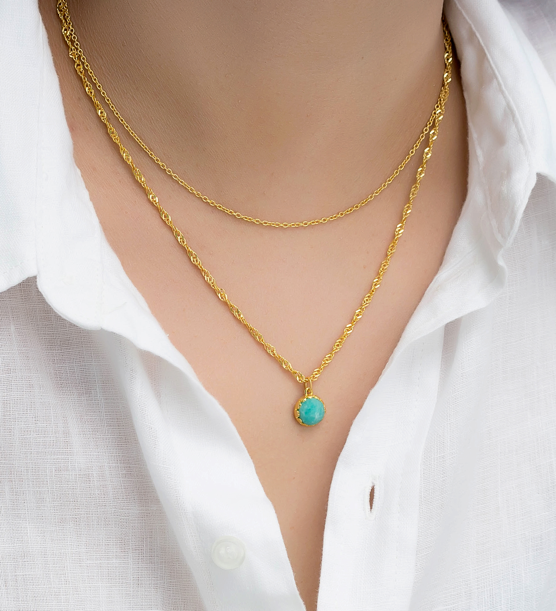 Desire by 7K - Wholesale 925 Sterling Silver Layered Choker, Decorated with Amazonite, Plated with 0.3 Micron 18K Yellow Gold - SKU #2070-101B