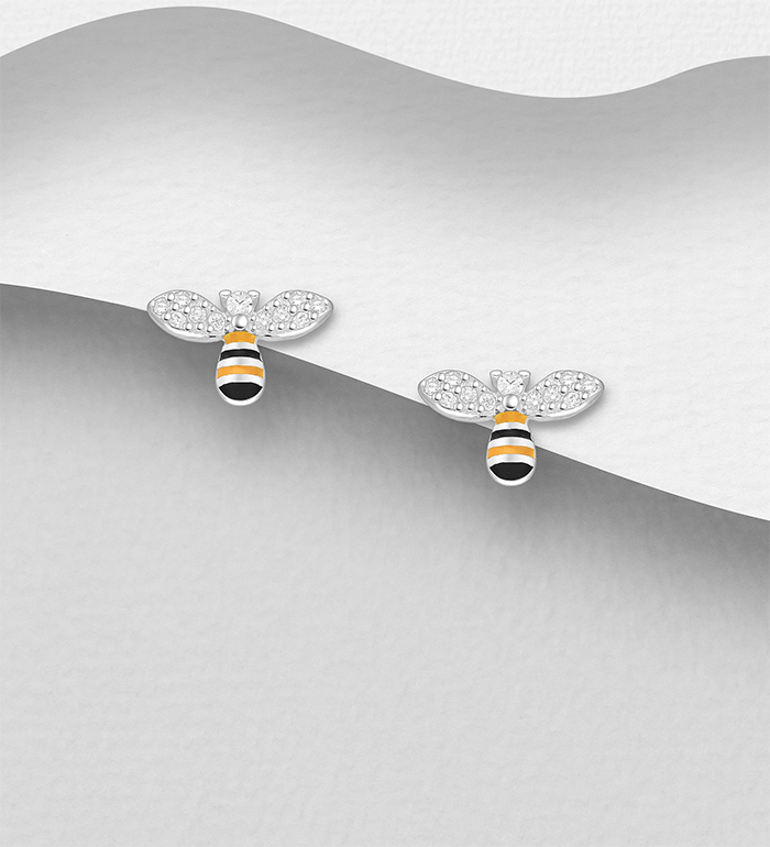 Wholesale 925 Sterling Silver Bee Push-Back Earrings, Decorated with Colored Enamel and CZ Simulated Diamonds - SKU #701-33170