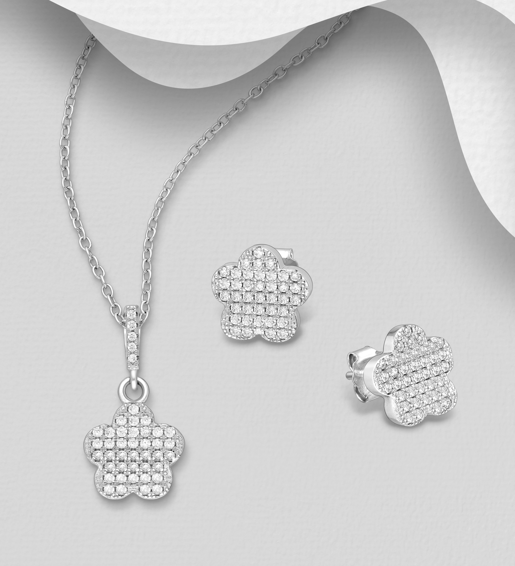 Wholesale 925 Sterling Silver Flower Push-Back Earrings, Pendant Jewelry Set, Decorated with CZ Simulated Diamonds - SKU #701-33173
