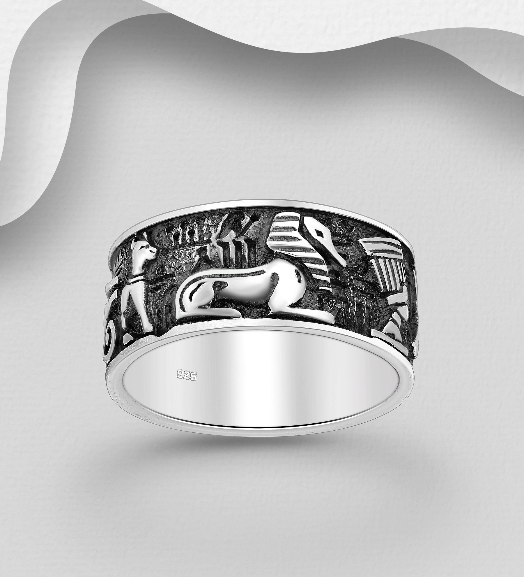 Wholesale 925 Sterling Silver Oxidized Egyptian Cross, Deity - Anubis, Scarab Beetle and The Eye of Horus Ring - SKU #1563-1628
