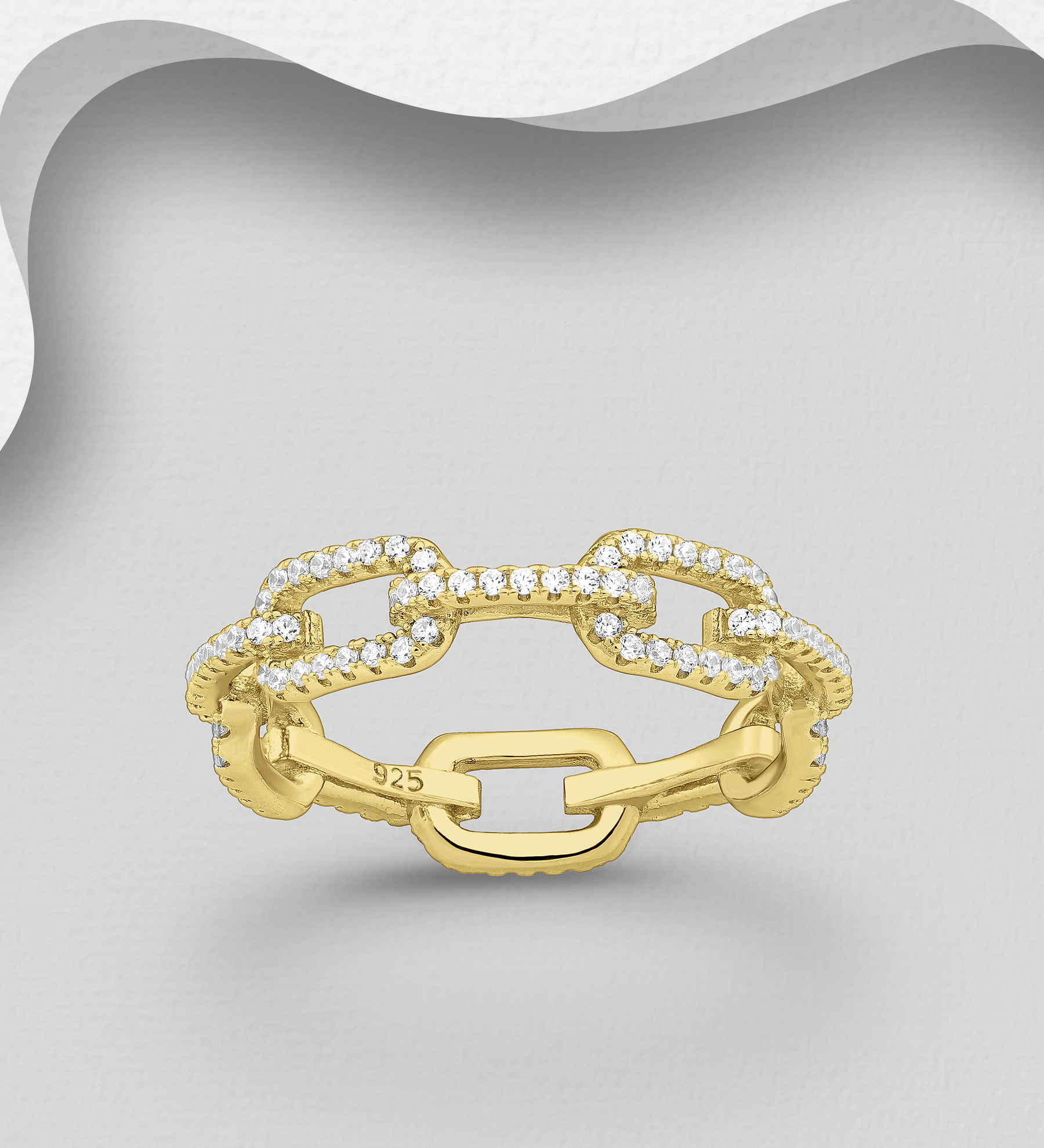 Wholesale 925 Sterling Silver Links Ring, Decorated with CZ Simulated Diamonds and Plated with 1 Micron 18K Yellow Gold - SKU #701-26094G