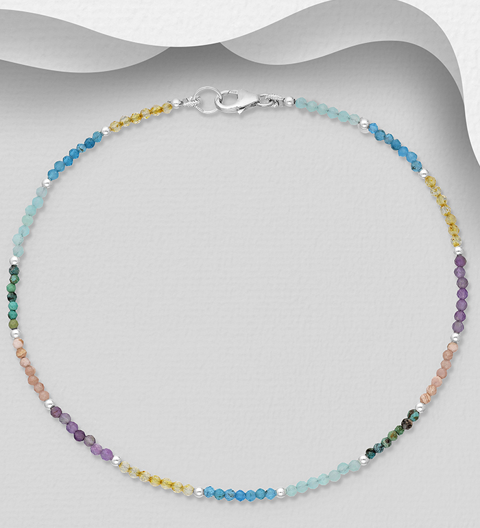 Wholesale 925 Sterling Silver Anklet, Beaded with Various Gemstone Beads - SKU #1562-556