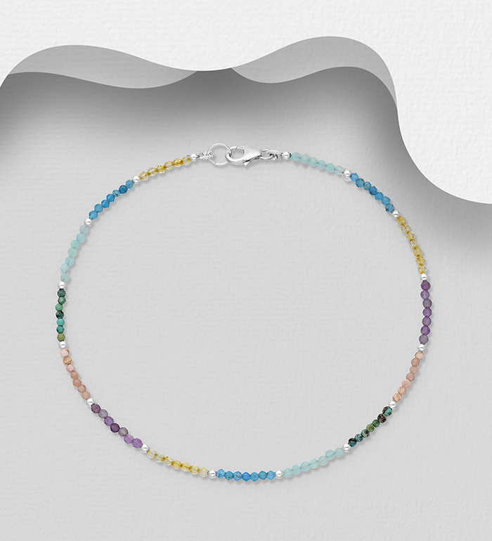 Wholesale 925 Sterling Silver Anklet, Beaded with Various Gemstone Beads - SKU #1562-556
