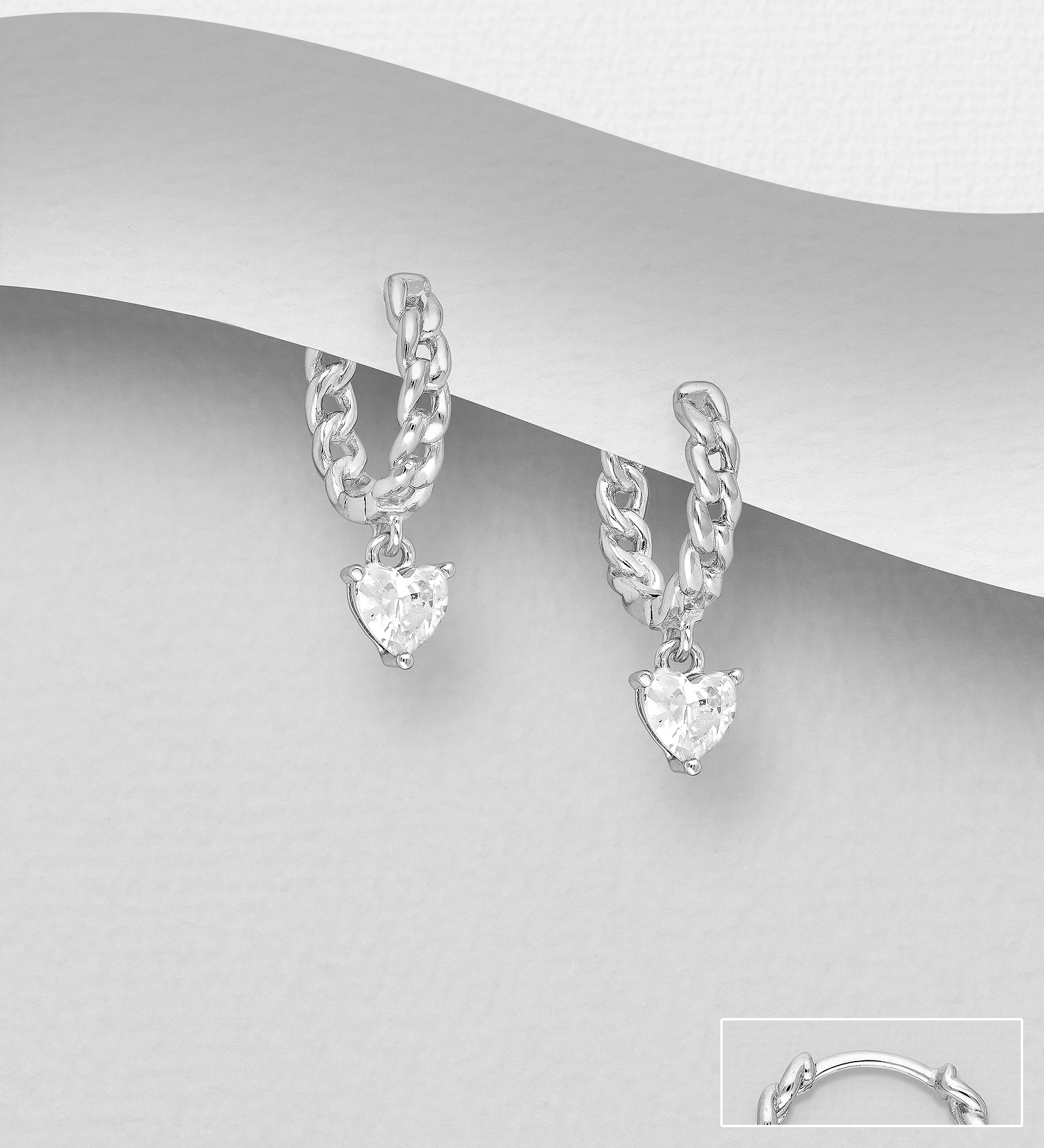 Wholesale 925 Sterling Silver Chain Link and Heart Hoop Earrings, Decorated with CZ Simulated Diamonds - SKU #701-33205