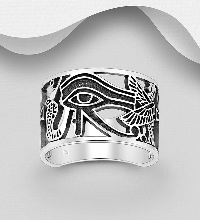 Wholesale 925 Sterling Silver Oxidized The Eye of Ra, Cobra, Egyptian Cross and Deity - Horus Ring - SKU #1563-1638
