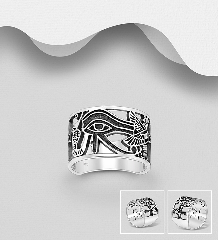 Wholesale 925 Sterling Silver Oxidized The Eye of Ra, Cobra, Egyptian Cross and Deity - Horus Ring - SKU #1563-1638