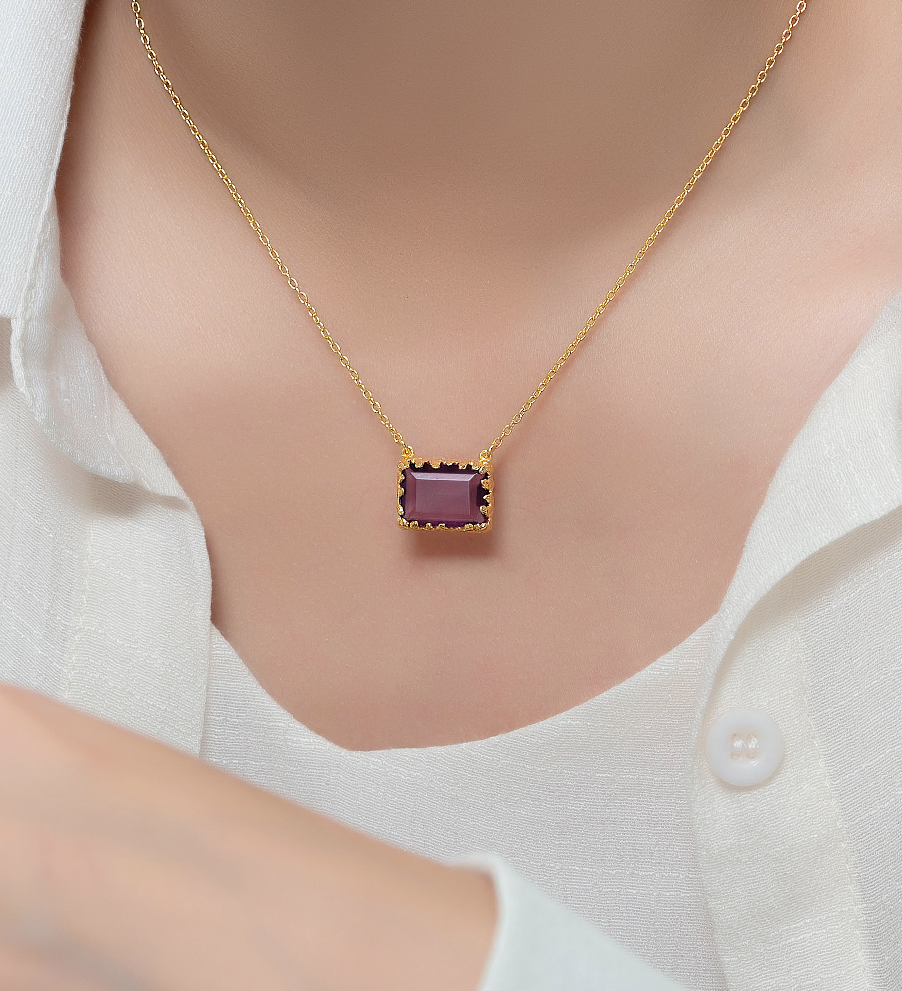 Desire by 7K - Wholesale 925 Sterling Silver Necklace, Decorated with Lab-Created Rhodolite, Plated with 0.3 Micron 18K Yellow Gold - SKU #2070-100C