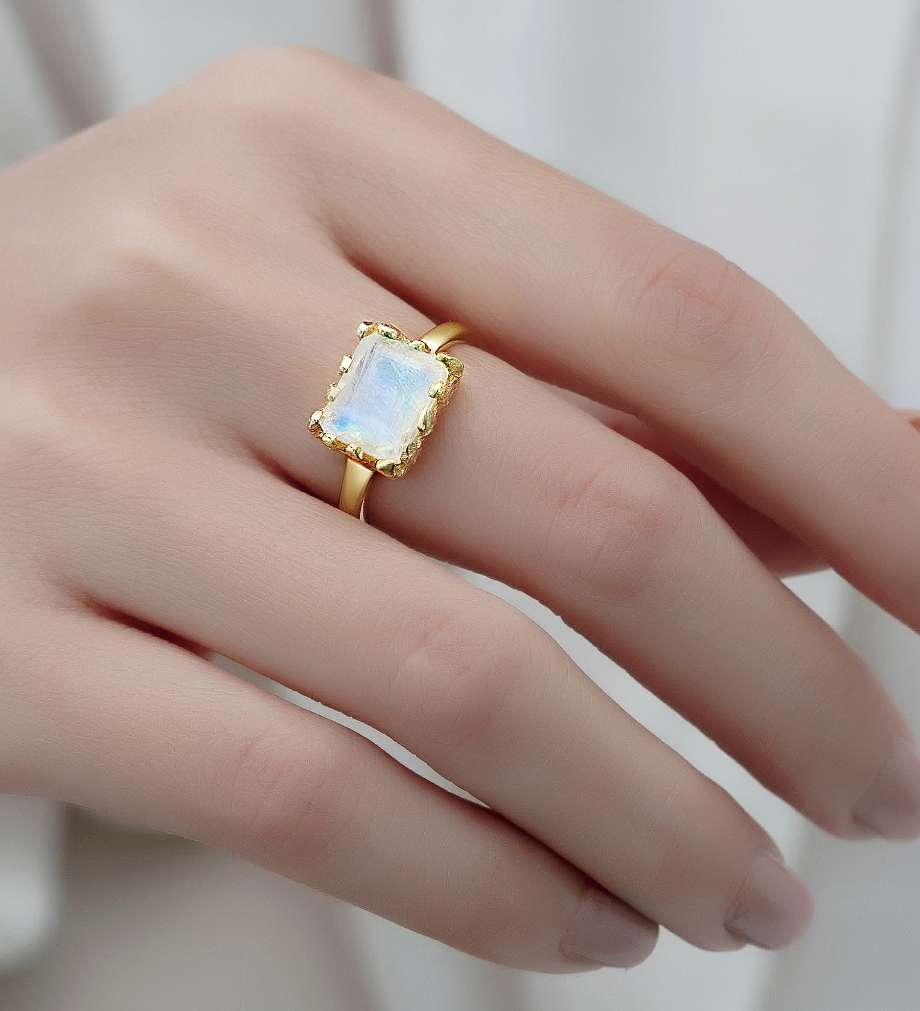 Desire by 7K - Wholesale 925 Sterling Silver Ring, Decorated with Rainbow Moonstone, Plated with 0.3 Micron 18K Yellow Gold - SKU #2070-542C