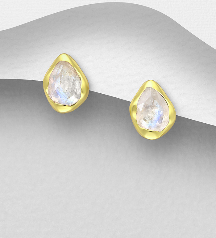 Desire by 7K - Wholesale 925 Sterling Silver Push-Back Earrings, Decorated with Rainbow Moonstone, Plated with 0.3 Micron 18K Yellow Gold - SKU #2070-128C