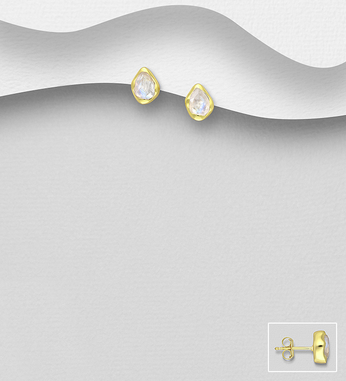 Desire by 7K - Wholesale 925 Sterling Silver Push-Back Earrings, Decorated with Rainbow Moonstone, Plated with 0.3 Micron 18K Yellow Gold - SKU #2070-128C