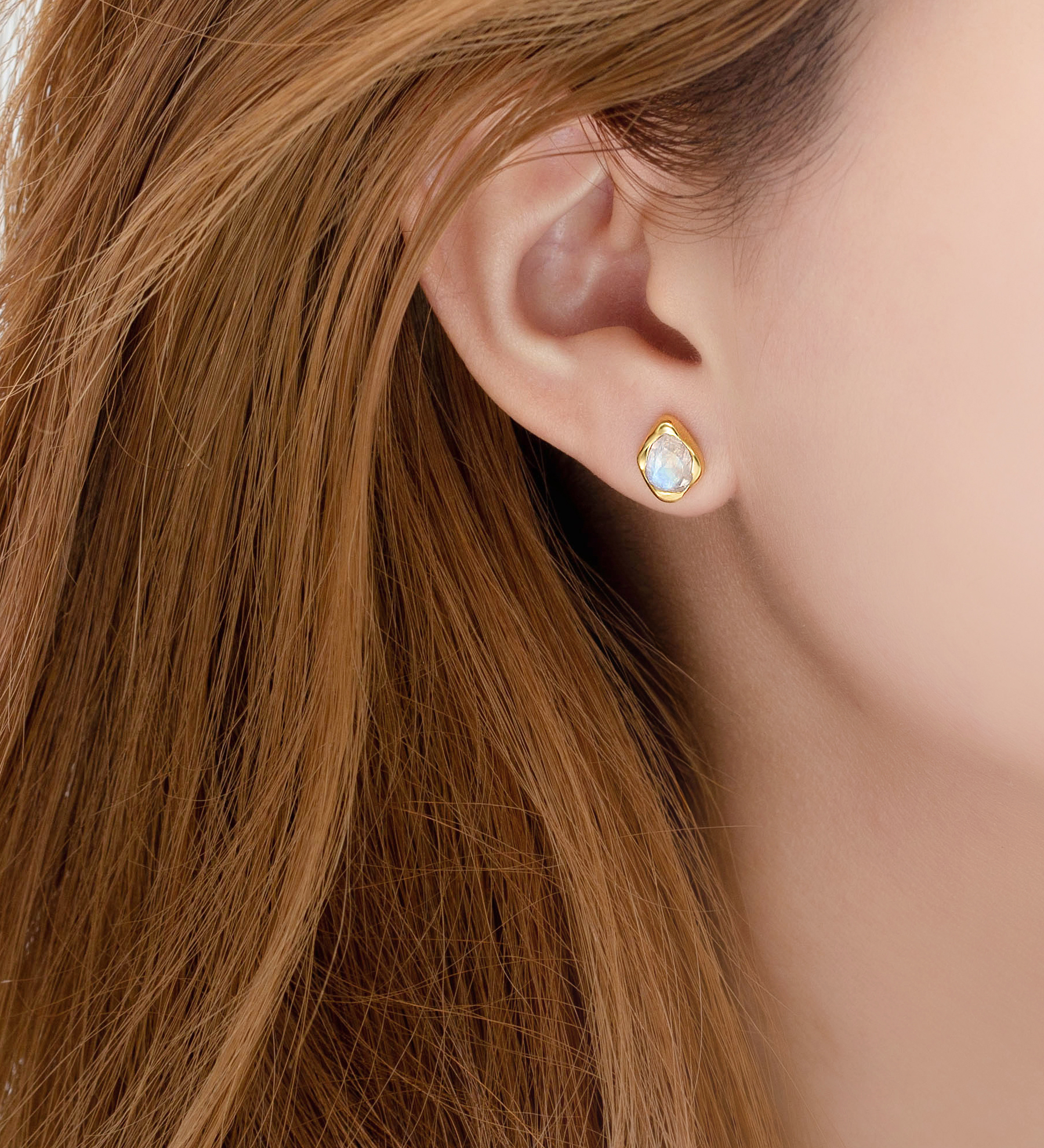 Desire by 7K - Wholesale 925 Sterling Silver Push-Back Earrings, Decorated with Rainbow Moonstone, Plated with 0.3 Micron 18K Yellow Gold - SKU #2070-128C