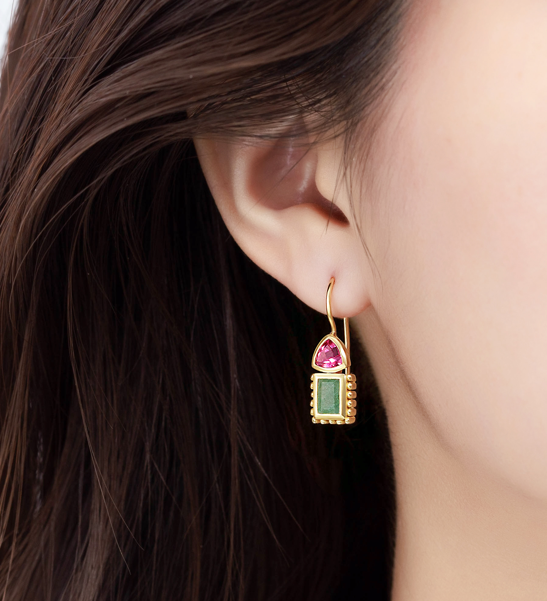 Desire by 7K - Wholesale 925 Sterling Silver Hook Earrings, Decorated with Lab-Created Pink Tourmaline and Green Aventurine, Plated with 0.3 Micron 18K Yellow Gold - SKU #2070-119B