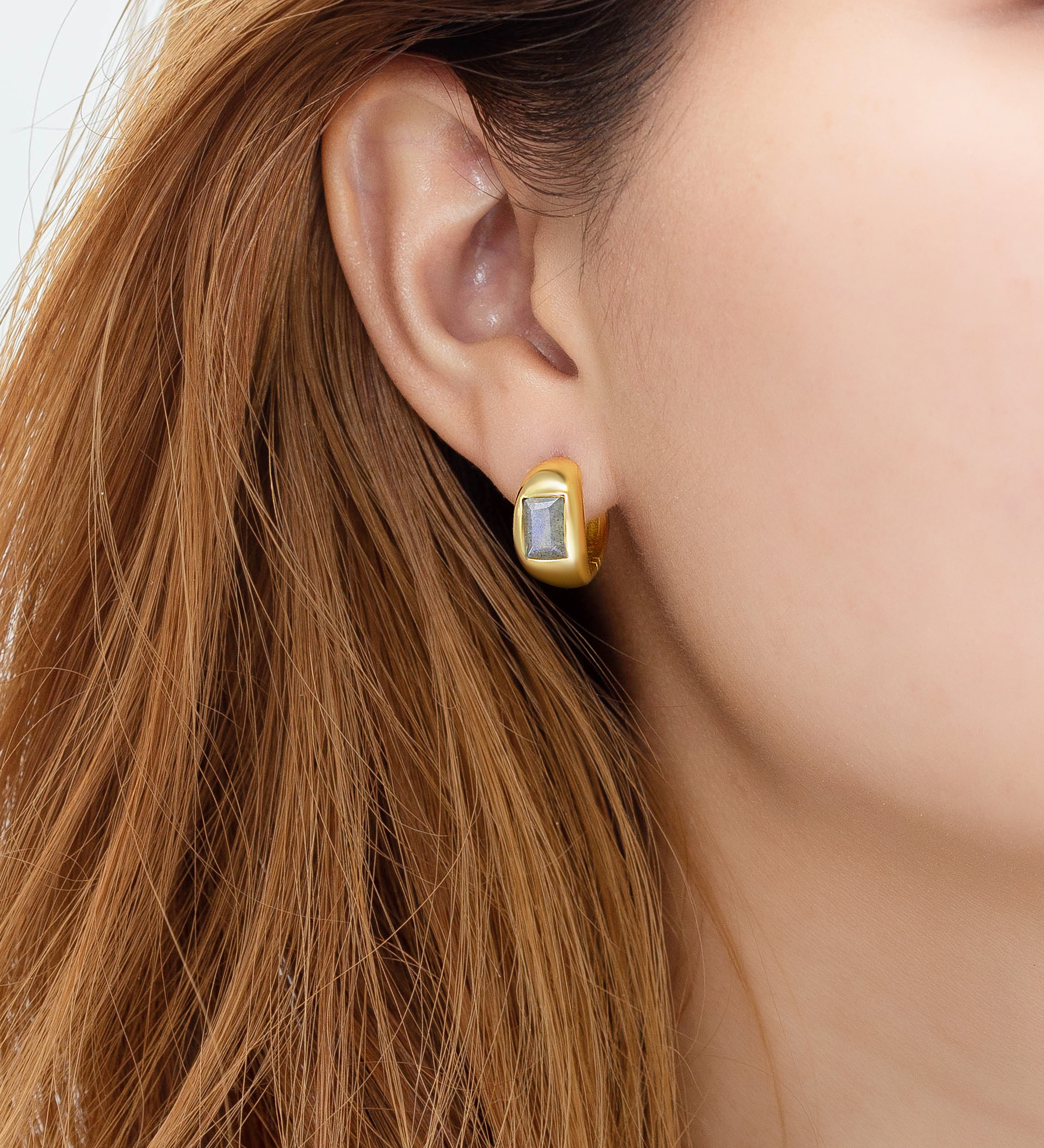 Desire by 7K - Wholesale 925 Sterling Silver Hoop Earrings, Decorated with Labradorite, Plated with 0.3 Micron 18K Yellow Gold - SKU #2070-131C