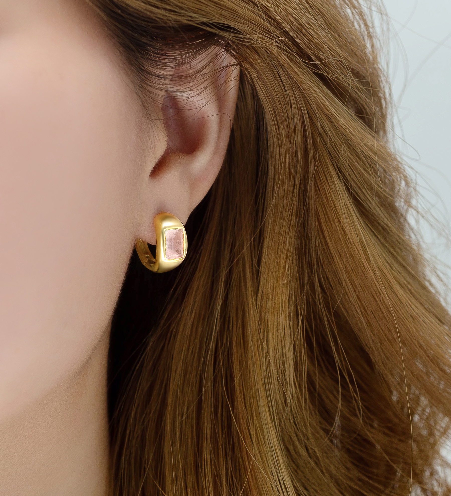 Desire by 7K - Wholesale 925 Sterling Silver Hoop Earrings, Decorated with Rose Quartz, Plated with 0.3 Micron 18K Yellow Gold - SKU #2070-131D