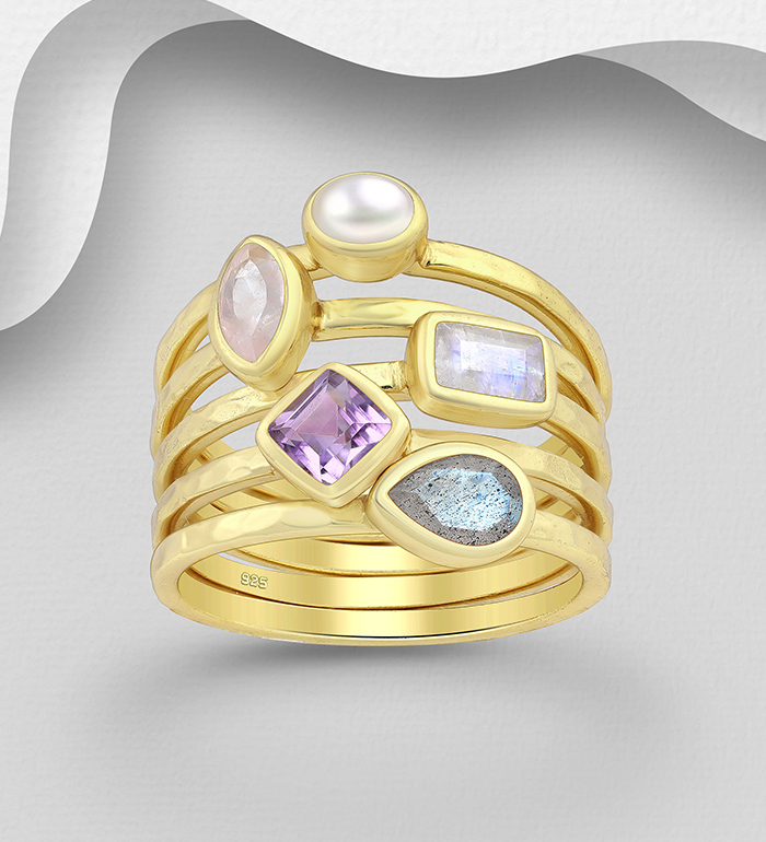 Desire by 7K - Wholesale 925 Sterling Silver Stack Ring, Decorated with Freshwater Pearl, Rose Quartz, Rainbow Moonstone, Amethyst and Labradorite, Plated with 0.3 Micron 18K Yellow Gold - SKU #2070-561B