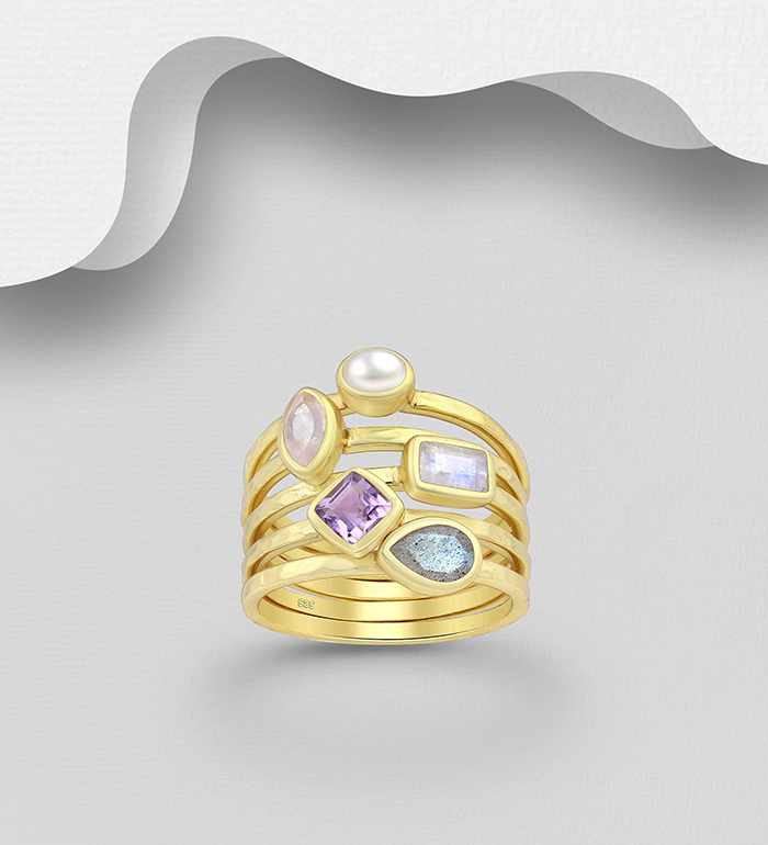 Desire by 7K - Wholesale 925 Sterling Silver Stack Ring, Decorated with Freshwater Pearl, Rose Quartz, Rainbow Moonstone, Amethyst and Labradorite, Plated with 0.3 Micron 18K Yellow Gold - SKU #2070-561B