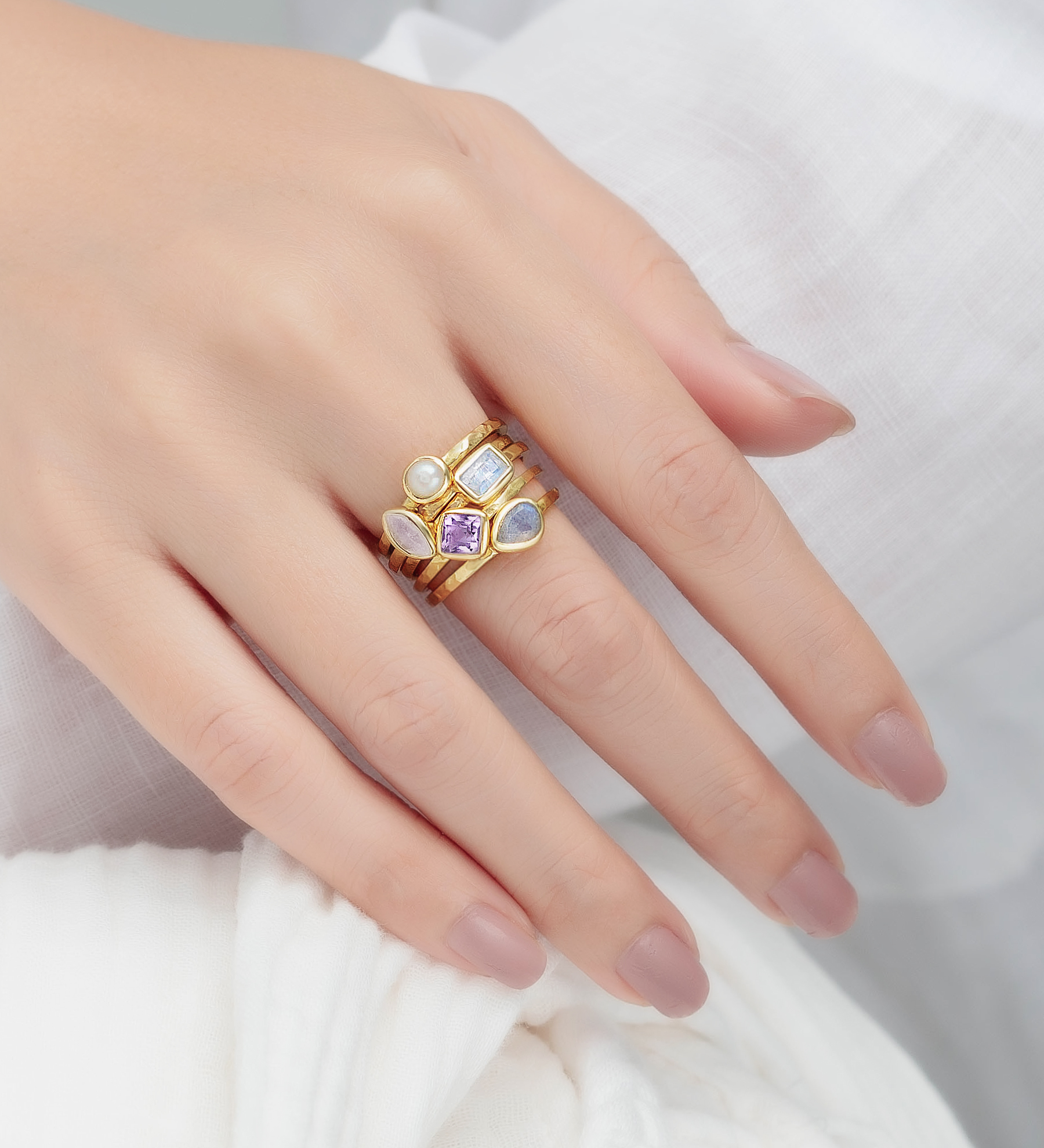 Desire by 7K - Wholesale 925 Sterling Silver Stack Ring, Decorated with Freshwater Pearl, Rose Quartz, Rainbow Moonstone, Amethyst and Labradorite, Plated with 0.3 Micron 18K Yellow Gold - SKU #2070-561B