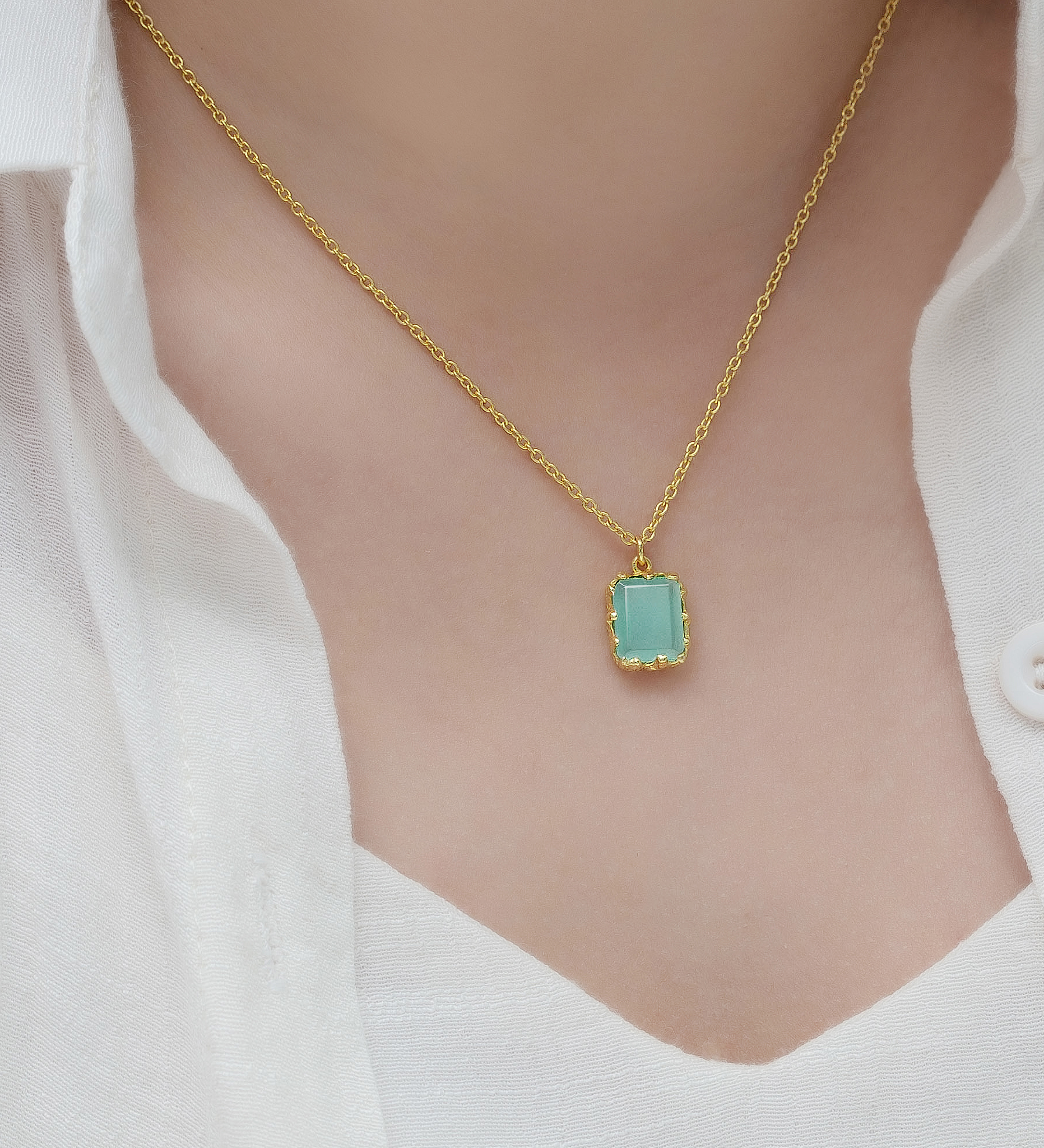 Desire by 7K - Wholesale 925 Sterling Silver Necklace, Decorated with Lab-Created Aqua Chalcedony, Plated with 0.3 Micron 18K Yellow Gold - SKU #2070-578E