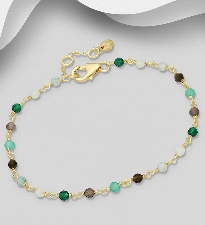 Desire by 7K - Wholesale 925 Sterling Silver Bracelet, Beaded with Lab-Created Green Jade, Prehnite, Green Aventurine, Cat Eye, Green Onyx and Smoky quartz, Plated with 0.3 Micron 18K Yellow Gold - SKU #2070-576D