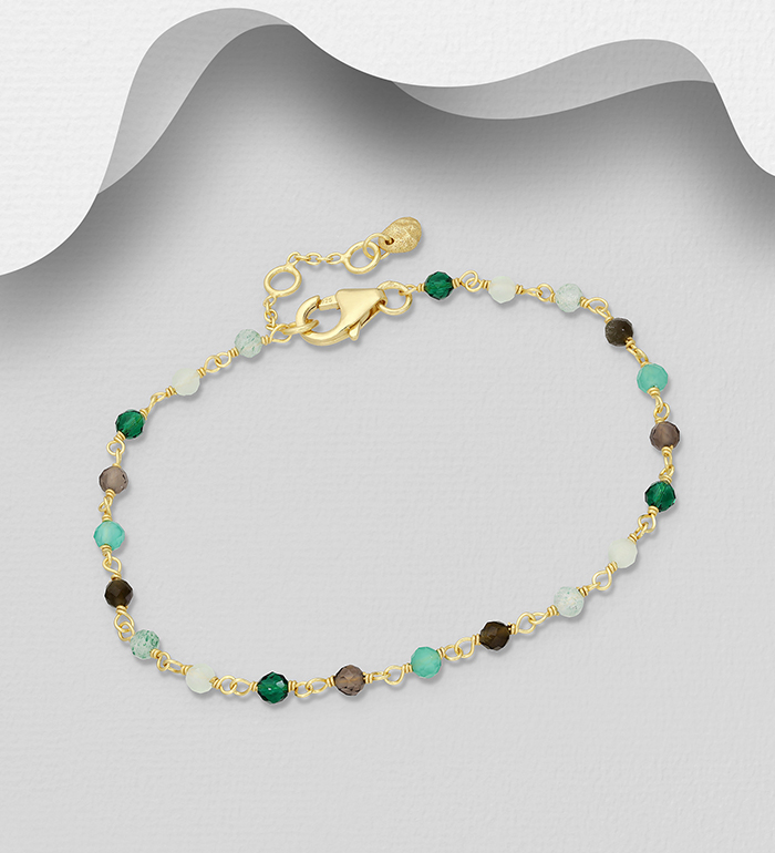 Desire by 7K - Wholesale 925 Sterling Silver Bracelet, Beaded with Lab-Created Green Jade, Prehnite, Green Aventurine, Cat Eye, Green Onyx and Smoky quartz, Plated with 0.3 Micron 18K Yellow Gold - SKU #2070-576D