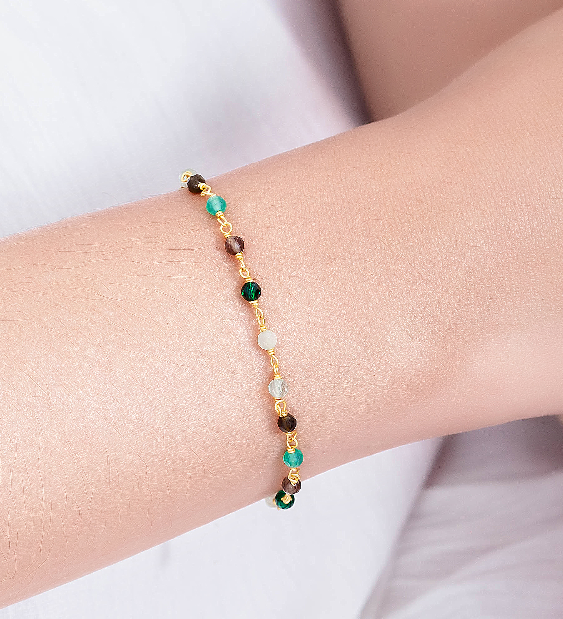 Desire by 7K - Wholesale 925 Sterling Silver Bracelet, Beaded with Lab-Created Green Jade, Prehnite, Green Aventurine, Cat Eye, Green Onyx and Smoky quartz, Plated with 0.3 Micron 18K Yellow Gold - SKU #2070-576D