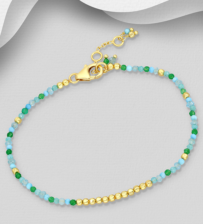 Desire by 7K - Wholesale 925 Sterling Silver Bracelet, Beaded with Amazonite, Blue Apatite, Green Jade and Turquoise Resin, Plated with 0.3 Micron 18K Yellow Gold - SKU #2070-103B