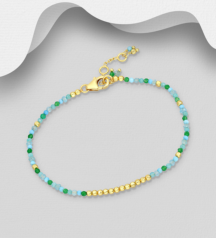 Desire by 7K - Wholesale 925 Sterling Silver Bracelet, Beaded with Amazonite, Blue Apatite, Green Jade and Turquoise Resin, Plated with 0.3 Micron 18K Yellow Gold - SKU #2070-103B