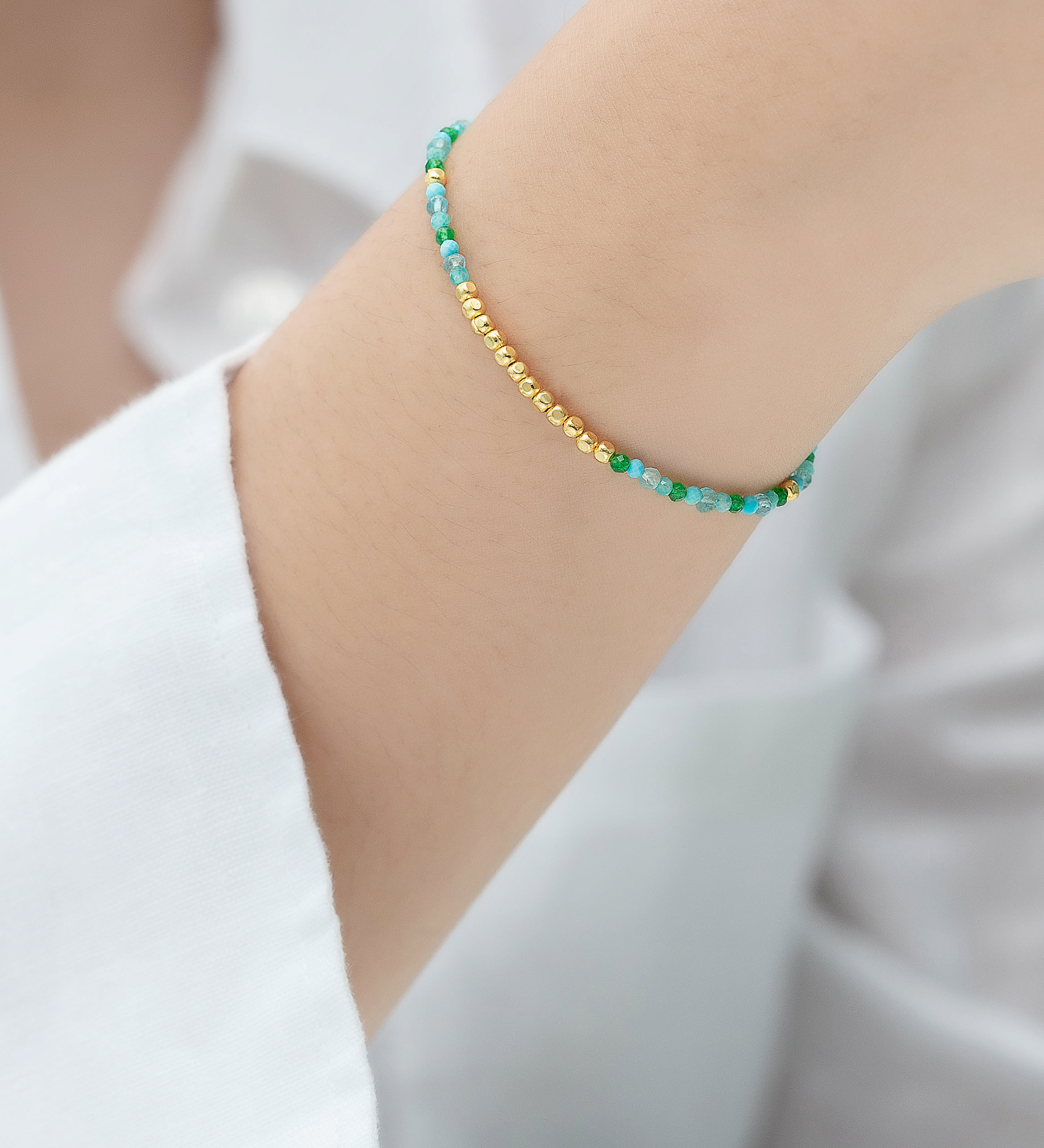 Desire by 7K - Wholesale 925 Sterling Silver Bracelet, Beaded with Amazonite, Blue Apatite, Green Jade and Turquoise Resin, Plated with 0.3 Micron 18K Yellow Gold - SKU #2070-103B