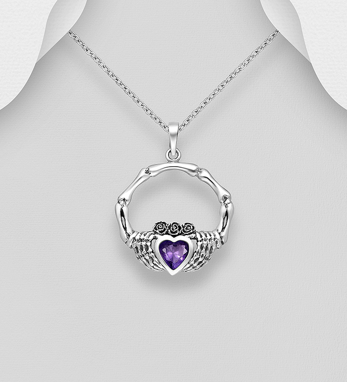 Wholesale 925 Sterling Silver Oxidized Skeleton Claddagh Pendant, Decorated with Glass - SKU #578-2913