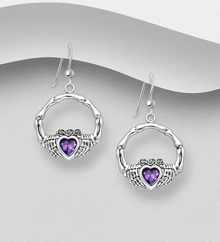 Wholesale 925 Sterling Silver Oxidized Skeleton Claddagh Hook Earrings, Decorated with Glass - SKU #578-2914