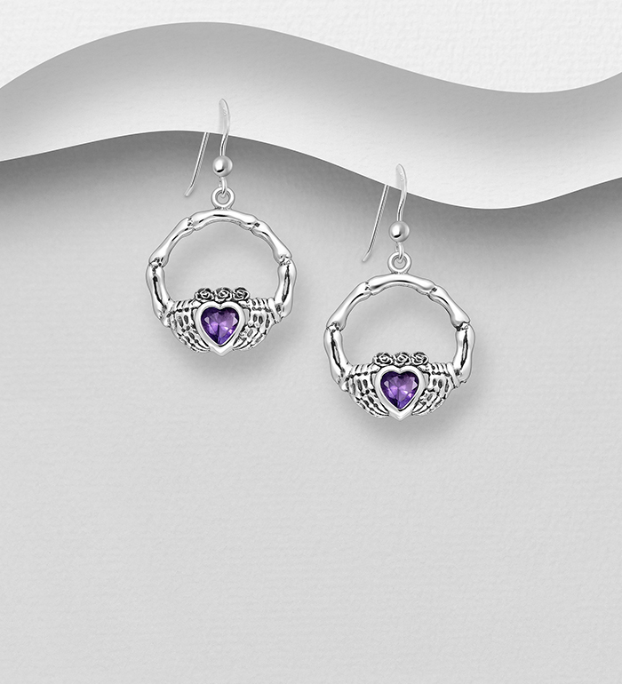 Wholesale 925 Sterling Silver Oxidized Skeleton Claddagh Hook Earrings, Decorated with Glass - SKU #578-2914