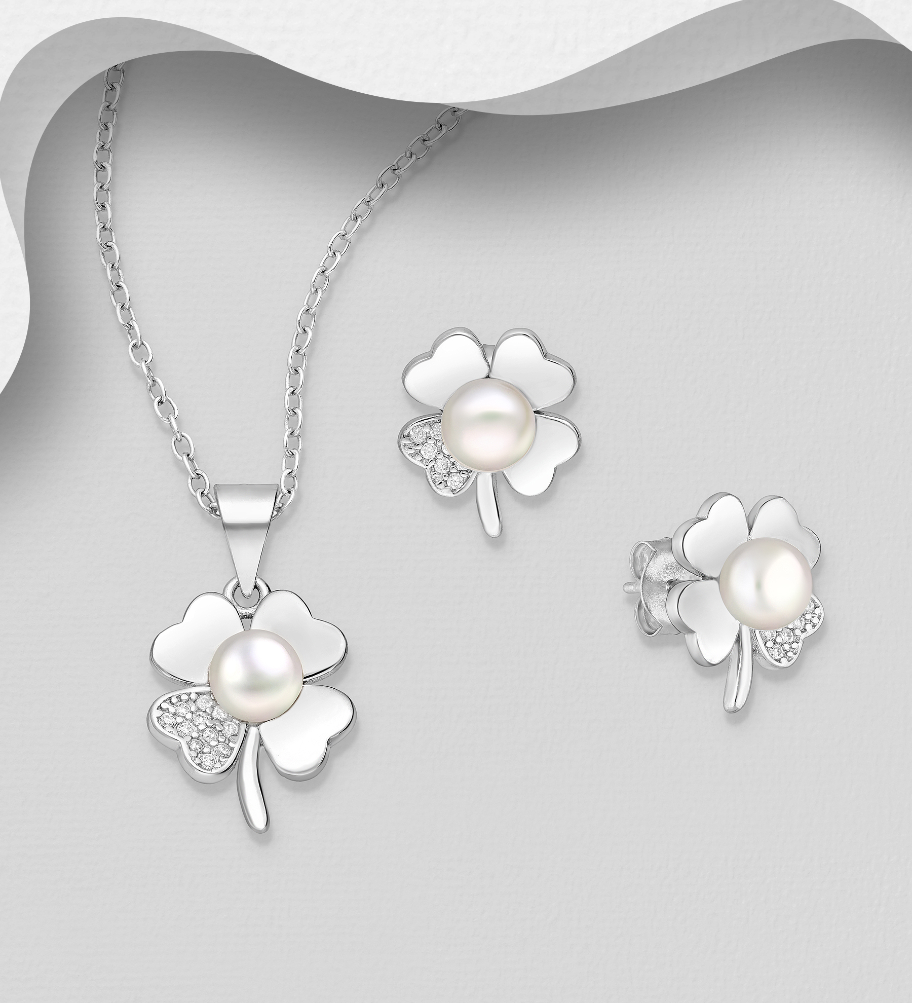 Wholesale 925 Sterling Silver Clover Push-Back Earrings and Pendant Jewelry, Decorated with Freshwater Pearls and with CZ Simulated Diamonds - SKU #382-6713