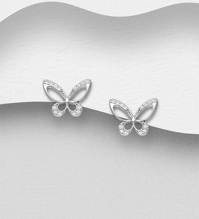 Wholesale 925 Sterling Silver Butterfly Push-Back Earrings, Decorated with CZ Simulated Diamonds - SKU #701-33213