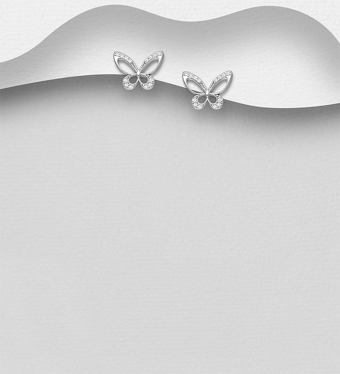 Wholesale 925 Sterling Silver Butterfly Push-Back Earrings, Decorated with CZ Simulated Diamonds - SKU #701-33213