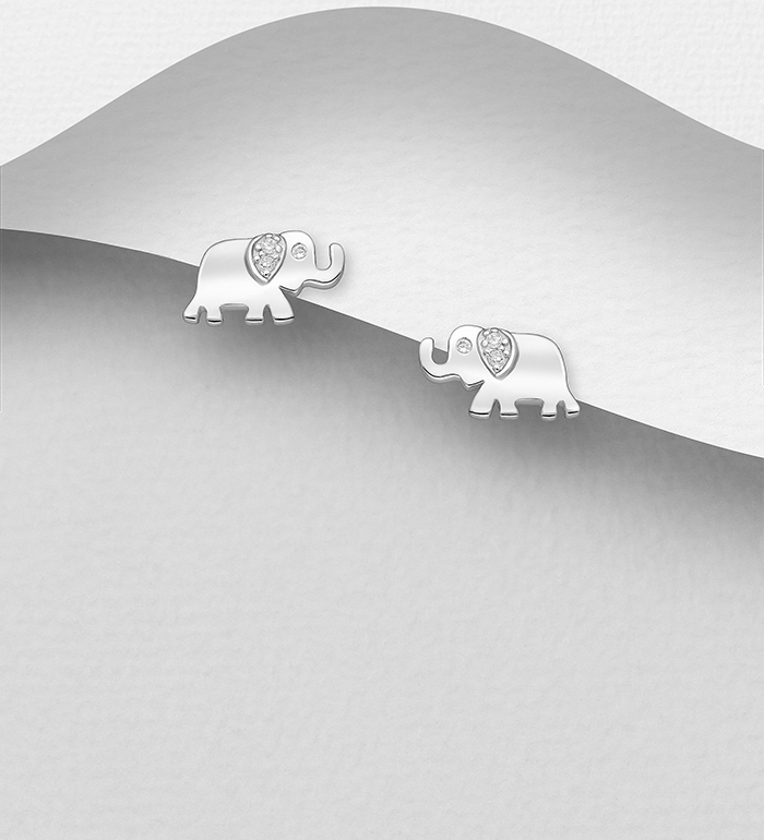 Wholesale 925 Sterling Silver Elephant Push-Back Earrings, Decorated with CZ Simulated Diamonds - SKU #701-33214