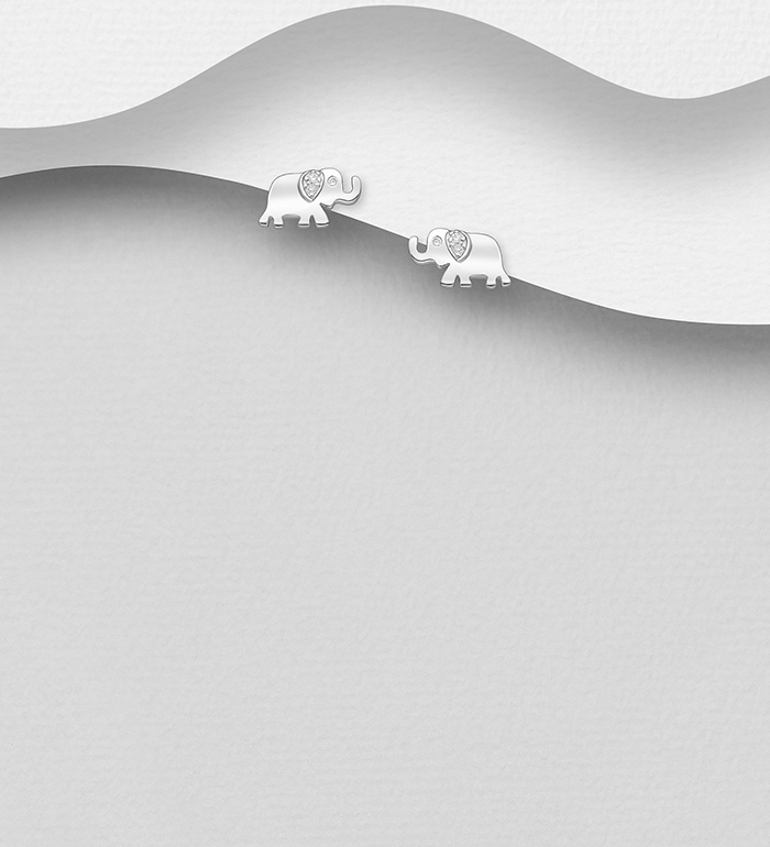 Wholesale 925 Sterling Silver Elephant Push-Back Earrings, Decorated with CZ Simulated Diamonds - SKU #701-33214