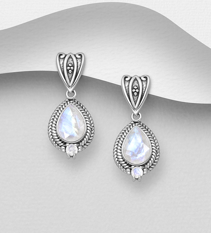 Wholesale 925 Sterling Silver Oxidized Push-Back Earrings, Decorated with Various Gemstones - SKU #883-9880