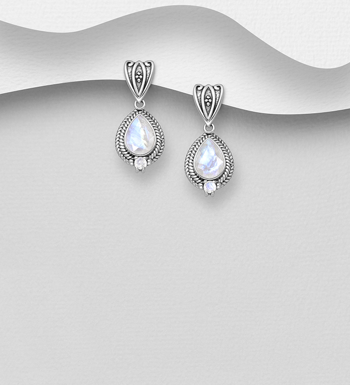 Wholesale 925 Sterling Silver Oxidized Push-Back Earrings, Decorated with Various Gemstones - SKU #883-9880