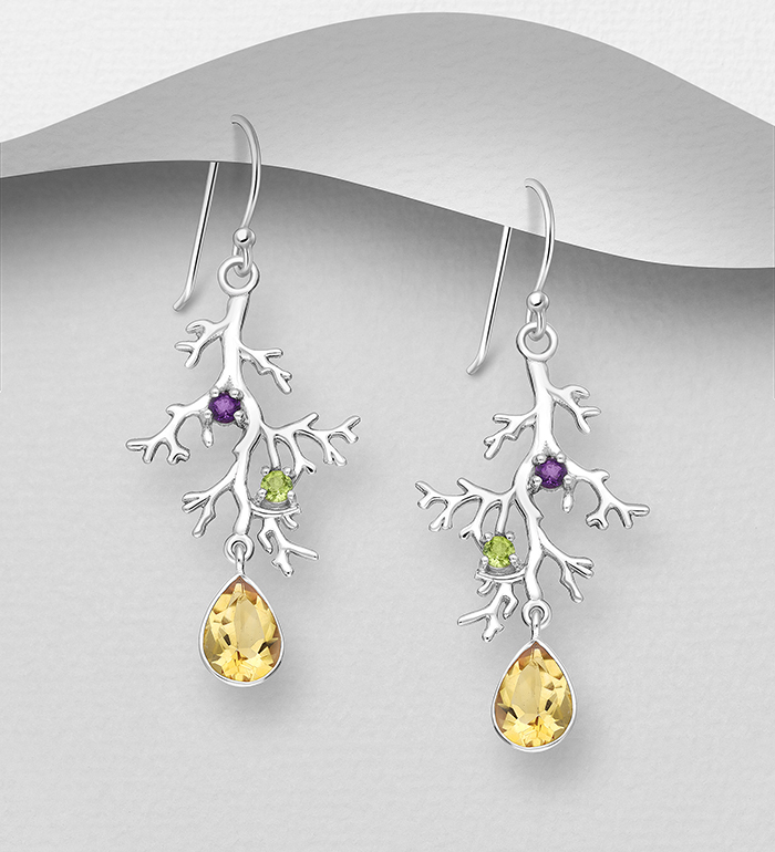 Wholesale 925 Sterling Silver Branch Hook Earrings, Decorated with Various Gemstones - SKU #883-9891